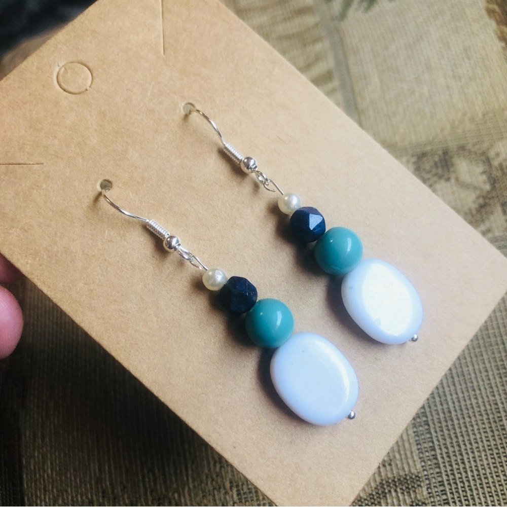 Handcrafted glass beads genuine stone sodalite dangle earrings - Picture 3 of 5